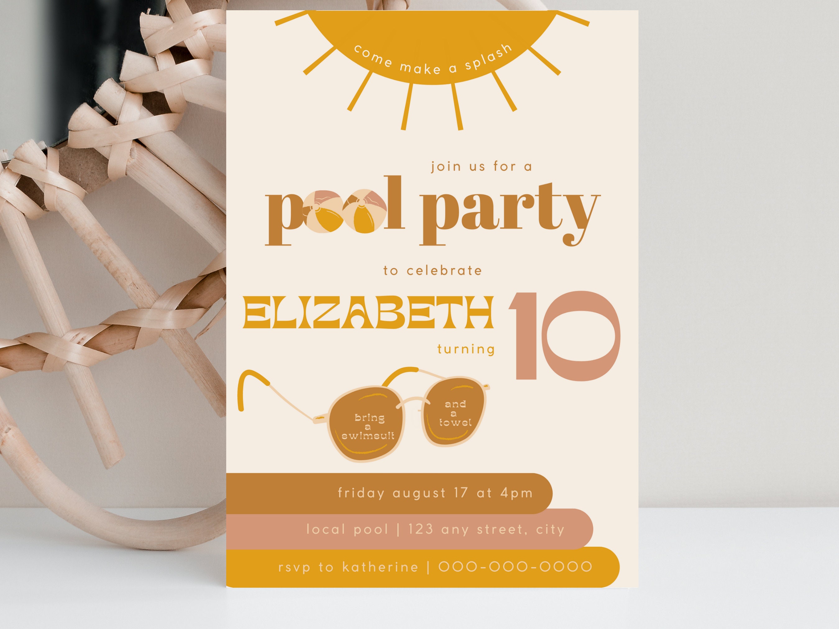 Pool Party Invitation 5x7 Printable Canva Template Instant Download Retro 5th birthday party 10th birthday Boho Birthday Girl