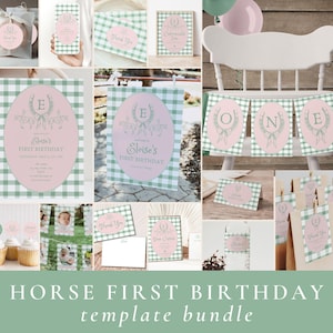 Puede incluir: Un paquete de plantillas imprimibles para una fiesta de primer cumpleaños con temática de caballos. El diseño presenta un patrón de cuadros vichy verde y rosa con una silueta de caballo y detalles florales. El paquete incluye invitaciones, pancartas, adornos para cupcakes y otras decoraciones para fiestas.