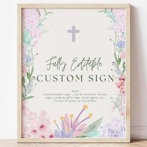 Wildflower First Communion Editable Custom Sign Template | Printable Floral 1st Communion Girl Table Decor for Favors Cards Gifts Food FC11