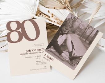 80th Birthday Invitation with Photo | Digital 80th Birthday Party Invite | Boho Minimalist Printable Canva Template for Her Celebration