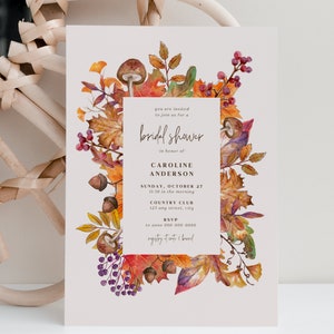 Fall Bridal Shower Invitation Template, Editable Boho Autumn Leaves Invite Card, Printable Rustic Floral Botanical Brunch Theme Invites BS38