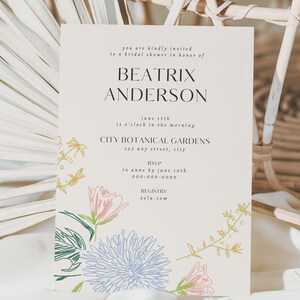 Modèle d'invitation de douche nuptiale de fleurs sauvages, invitation modifiable de fête de jardin floral bohème, invitations uniques de brunch nuptiale de fleurs sauvages, BS30