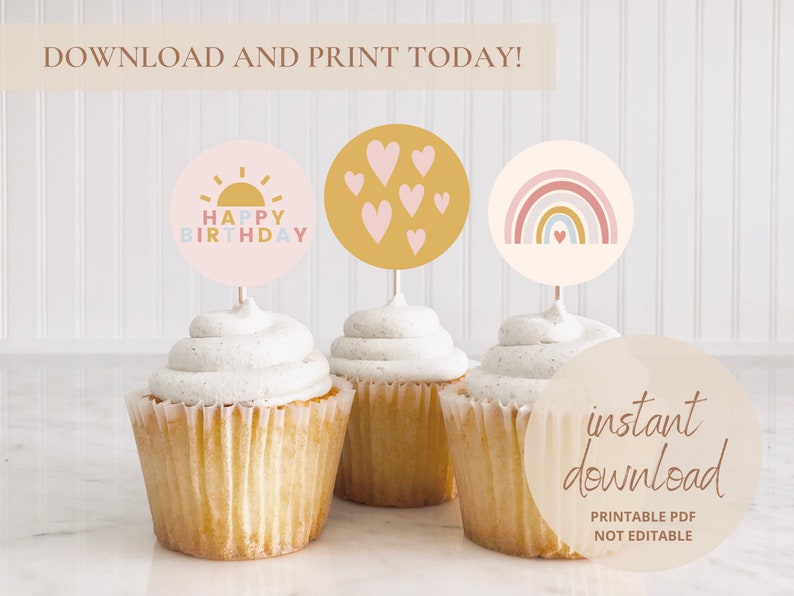 Boho Rainbow Birthday Cupcake Toppers Rainbow Cupcake Etsy