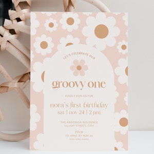 Groovy One Birthday Invitation Template, One Groovy Baby Party Invite, Boho Daisy First Birthday Girl Invitations, Retro Flower Invites FB12