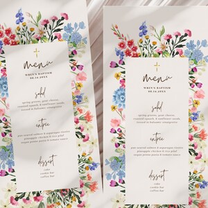 May include: A floral-themed menu for a baptism with the text "Wren's Baptism 08.14.20XX" and a list of food options including salad, entree, and dessert.