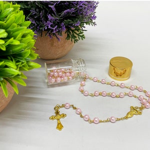 Pink Rosary Beaded Clear Rosary Silver Catholic Crucifix Bracelet Rosaries Party Favor Keepsake Recuerdo Bautizo Comunion - 12 PCS