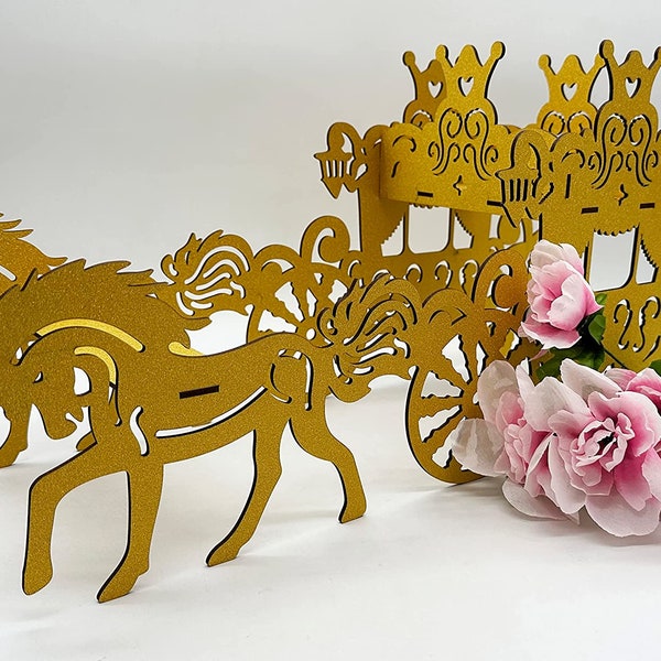 3D Wooden Horse & Carriage Princess Birthday, Princess Carriage Centerpiece Cinderella Coach Wedding Favor Holders- Decorations Gift