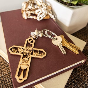 Jesus Cross Baptism Wood Keychain Láser Wood Cut Cutout Favor Recuerdo De Bautizo Angel Communión - 12PC - Organza Bag Included