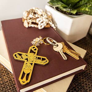 Virgin Mary Cross Baptism Wood Keychain Láser Cutout Favor Recuerdo De Bautizo Angel Communión-Organza Bags Included-12PCS-Gold Glitter