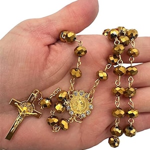 Crystal Beads Rosary Catholic Necklace Holy Soil Medal Cross Crucifix Deluxe Rosary For Boy or Girl Baptism/First Communion Gift
