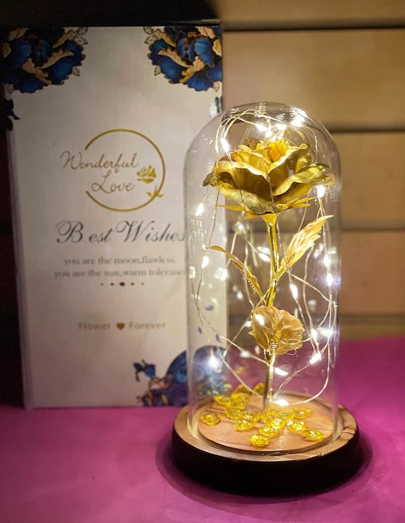 Beauty and the Beast Rose Enchanted Flower With LED Light in Glass