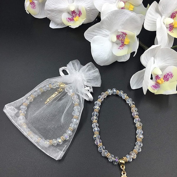 12 PCS Crystal Lady Guadelupe Rosary Bracelet Silver With Organza Bags - Baptism Favor/Christening Favor/Quinceanera/Baby Shower