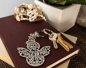 Baptism Angel Key Ring Made from Wood Comunion Favors for Boy or Girl Recuerdos de Bautizo with Organza Bags - Silver Glitter - 12 PCS