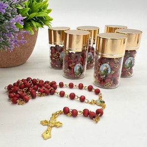 Saint St. Jude Baptism Party Favors in Glass Bottle Jar Red Bead Rosaries Recuerdos Bautizo San Judas Tadeo - 12 PCS