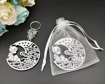12Pcs Wooden Keychain with Angel Boy in Moon W/ Organza Bag for Baptism Baby Shower Favor Party Favors Recuerdos de Bautizo (Silver Glitter)