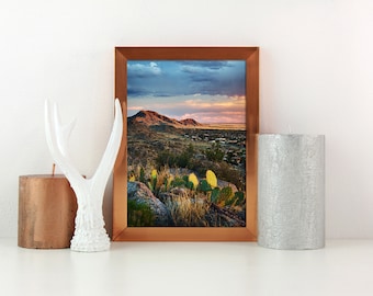 Impressão de pôr do sol com cactos no Novo México, foto da paisagem das colinas de Albuquerque, arte de parede do deserto (download digital)