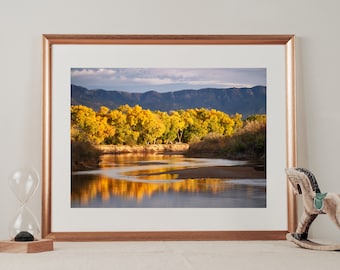 Rio Grande Autumn Landscape Print, Golden Cottonwood Trees, Sandia Mountains Wall Art (Digital Download)