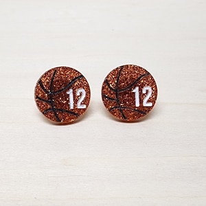Custom sport earrings, basketball jewelry with custom numbers, basketball earrings with custom numbers.  glitter finish also available.