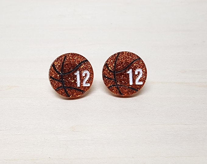 Custom sport earrings, basketball jewelry with custom numbers, basketball earrings with custom numbers.  glitter finish also available.