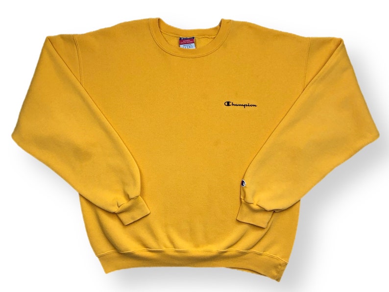Vintage 90s Champion Spell Out Yellow Essential Crewneck Sweatshirt Pullover Size Large image 1