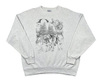 Felpa girocollo vintage anni '90 con ritratto di animali/natura del branco di lupi (grande/XL)