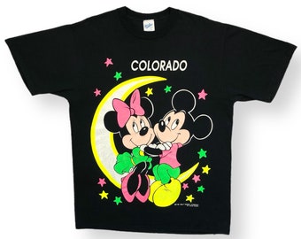 Vintage 90s Vella Sheen Mickey & Minnie Mouse Colorado Big Print Neon Graphic Disney T-Shirt Size Large