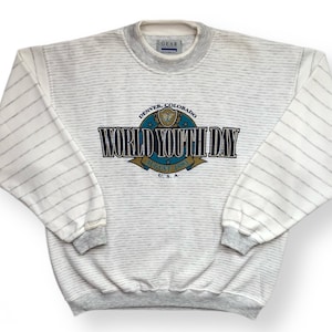 Vintage 1993 World Youth Day Denver Colorado Striped Crewneck Sweatshirt Pullover Size Large/XL image 1