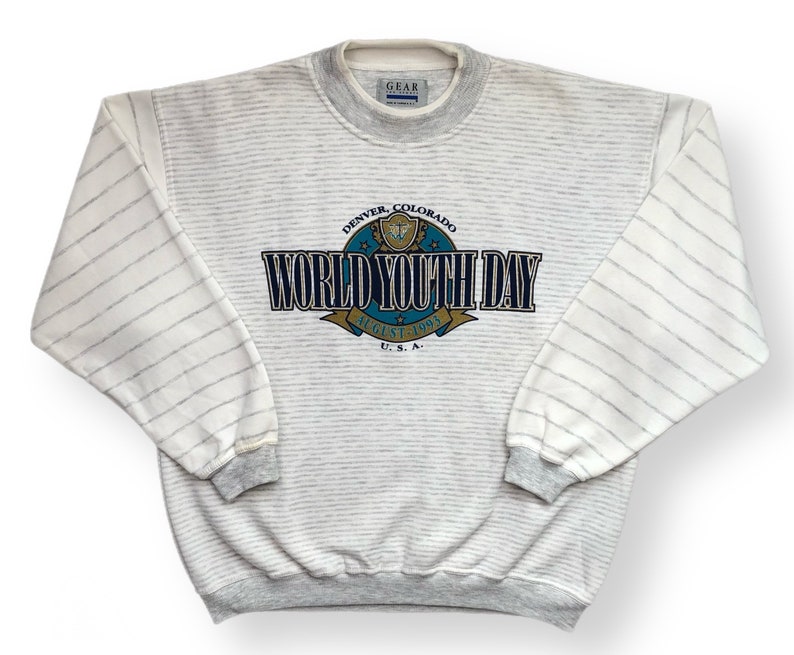 Vintage 1993 World Youth Day Denver Colorado Striped Crewneck Sweatshirt Pullover Size Large/XL image 1