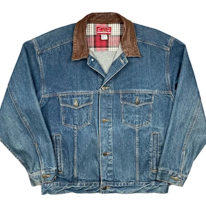 MARLBORO COUNTRY STORE Blue Denim Jean Jacket Leather Collar Mens Vintage 90s XL