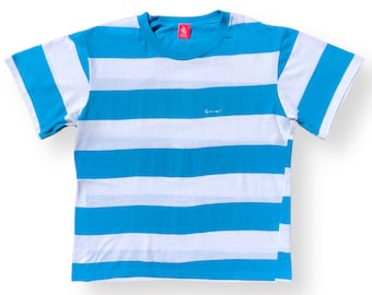 Vintage 80s/90s Striped Blue & White Single Stitch Essential T-Shirt Size Large