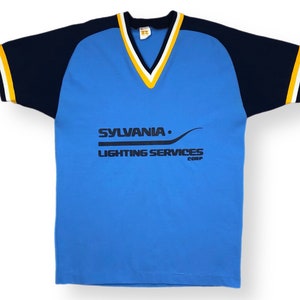 Vintage 70s Russell Athletic Polyester/Nylon “Sylvania Lighting Services” Baseball Style Jersey Shirt Size Large