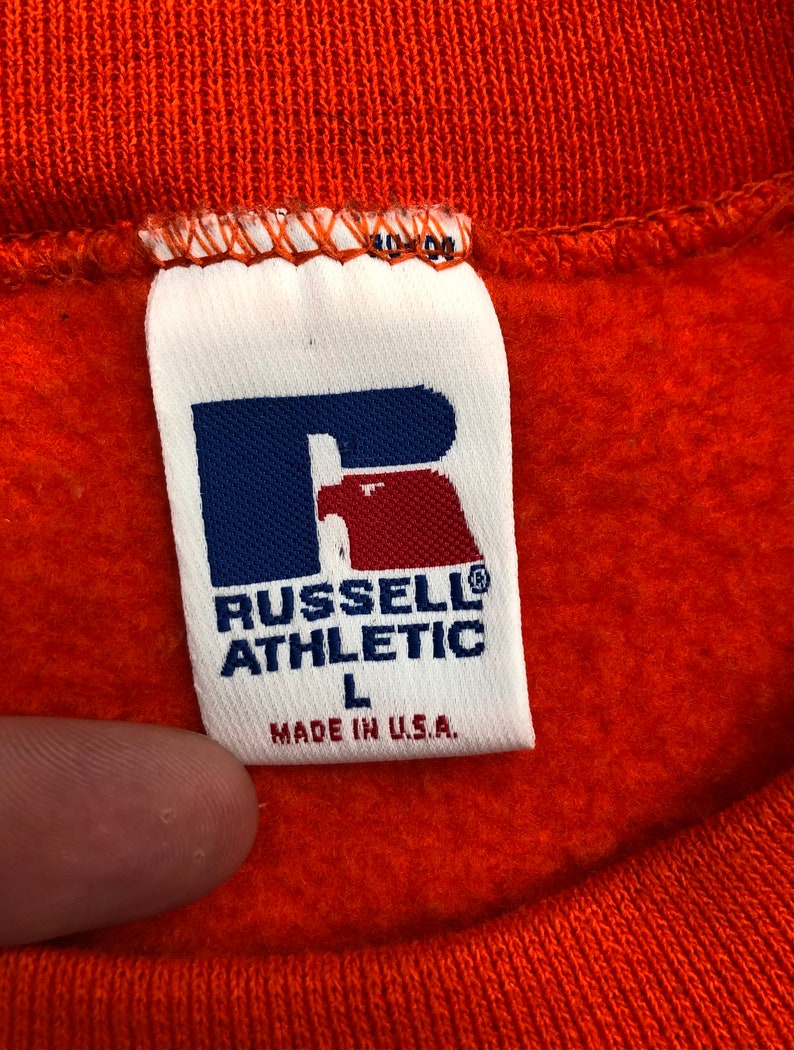 Vintage 90s Russell Athletic Blank Orange Made in USA Crewneck Sweatshirt Pullover Size Large image 4