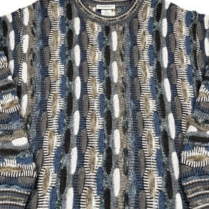 May include: A textured crew neck jumper in shades of blue, grey, white, and tan. The jumper features an all-over pattern of vertical stripes and oval shapes. The sleeves and neckline have a ribbed design. The tag is visible at the back of the neck.