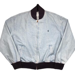 Vintage 90s Polo by Ralph Lauren Made in USA Full Zip Light Wash Denim Bomber Jacket Size Large