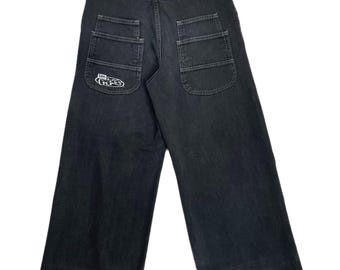 Vintage 90s Lee Pipes Riveted Embroidered Wide Leg Baggy Black Denim Jeans (W30 L28)