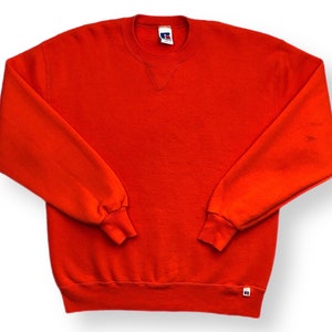 Vintage 90s Russell Athletic Blank Orange Made in USA Crewneck Sweatshirt Pullover Size Large image 1