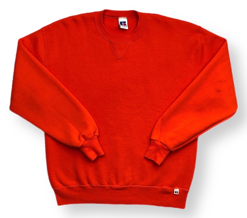 Vintage 90s Russell Athletic Blank Orange Made in USA Crewneck Sweatshirt Pullover Size Large image 1