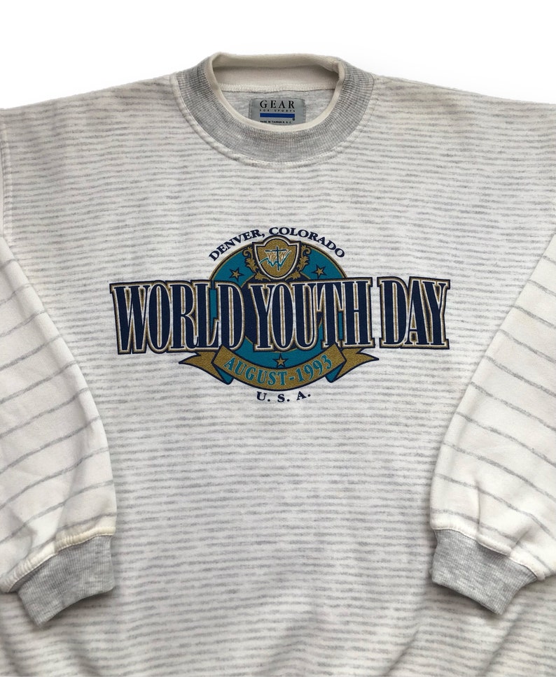 Vintage 1993 World Youth Day Denver Colorado Striped Crewneck Sweatshirt Pullover Size Large/XL image 2