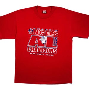 Vintage 2002 Anaheim Angels Baseball American League Champions Double Sided Rally Monkey World Series Graphic T-Shirt Size XL
