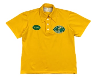Maglia vintage anni '70 in maglia color sabbia con logo La Cañada High School Spartans, toppa a catenella e colletto a pinces (taglia M)