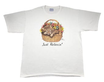 Vintage 90s Cat "Just Relax" Graphic T-Shirt (XXL)