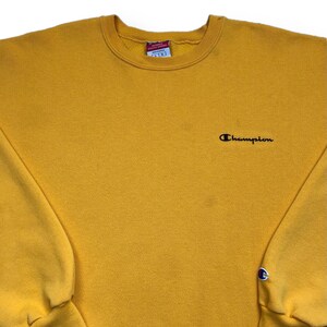 Vintage 90s Champion Spell Out Yellow Essential Crewneck Sweatshirt Pullover Size Large image 2