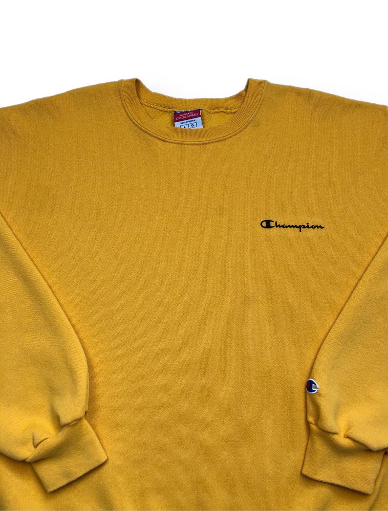 Vintage 90s Champion Spell Out Yellow Essential Crewneck Sweatshirt Pullover Size Large image 2