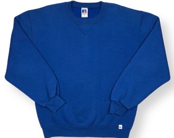 Vintage 90s Russell Athletic Made in USA Royal Blue Blank Crewneck Sweatshirt Pullover Size Medium
