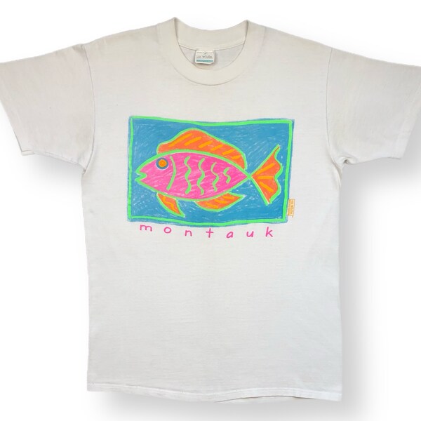 Vintage 90s Montauk New York Made in USA Neon Fish Art Graphic T-Shirt Size Medium/Large