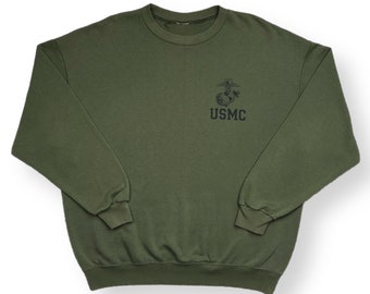 Vintage 90s USMC Marine Corps Essential  Olive PT Crewneck Sweatshirt Pullover Size XL
