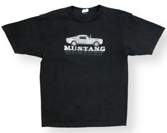 Vintage 90s Ford Mustang Car Portrait Faded Black Graphic Racing T-Shirt Size Large/XL