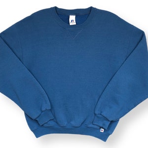 Vintage 90s Russell Athletic Blank Blue Essential Crewneck Sweatshirt Pullover Size Medium