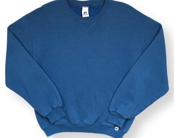 Vintage 90s Russell Athletic Blank Blue Essential Crewneck Sweatshirt Pullover Size Medium