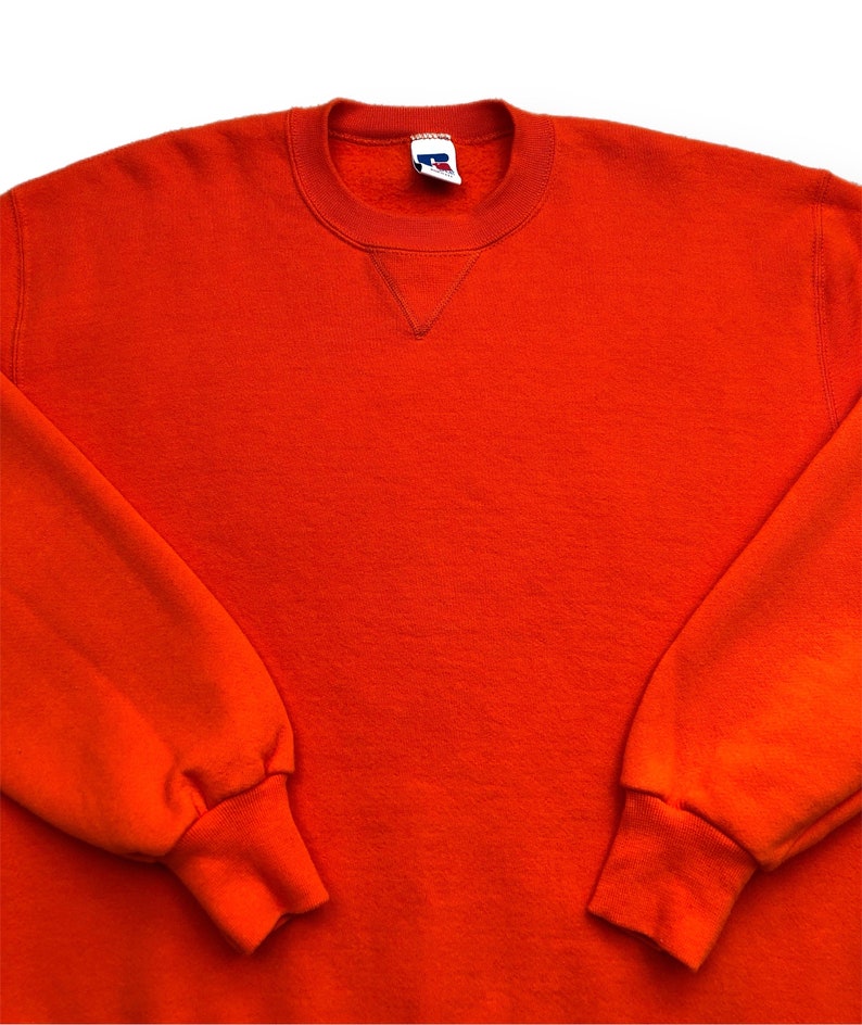 Vintage 90s Russell Athletic Blank Orange Made in USA Crewneck Sweatshirt Pullover Size Large image 2